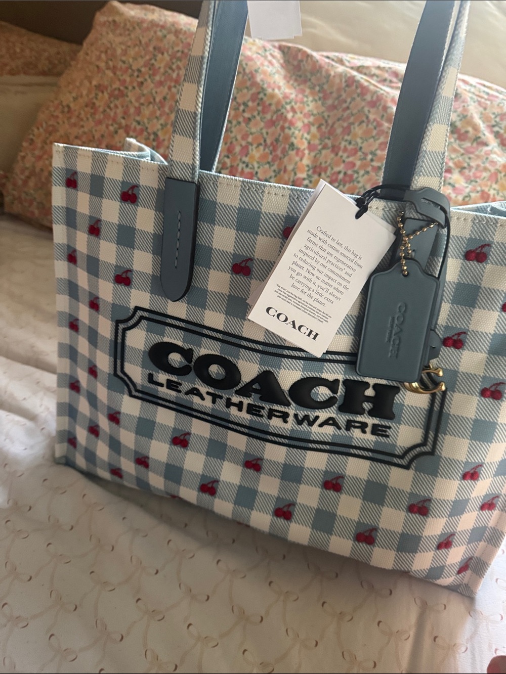 Coach Blue & White Gingham Tote with Red Cherry Accents BRAND NEW NEVER USED - Picture 14 of 16